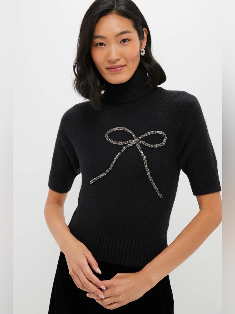 NWT. Anthropologie. En Saison. Black Silver Merrill Bow Short Sleeve Sweater. XS